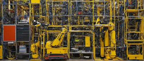 Imagine a futuristic Manchester where robots have taken over all the jobs.,yellow machinery,fork lift,forklift,forklift truck,drill presses,machinery,fork truck,riveting machines,forklift piler,crawle