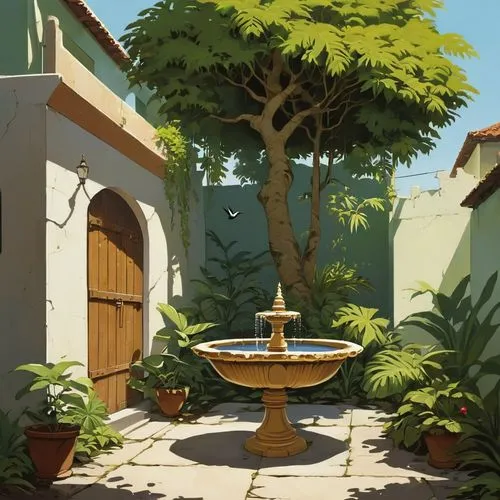 village fountain,courtyards,water fountain,old fountain,birdbath,stone fountain,Illustration,Children,Children 04