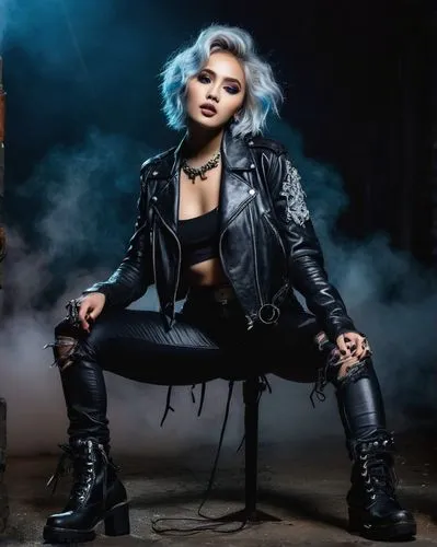 K-pop idol, JADE, solo, (22yo), striking blue eyes, bold eyeliner, silver hair, edgy hairstyle, black leather jacket, ripped skinny jeans, chunky boots, microphone, dynamic pose, spotlight, dark backg