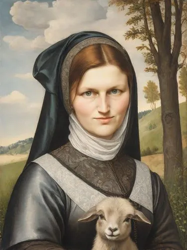 smooth, flat chin without a dimple,this is a portrait of a lady with a goat in her arms,good shepherd,the good shepherd,foundress,shepherdess,memling,portrait of christi