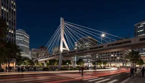 Sleek pedestrian bridge, modernist architecture, bold structural elements, minimalist design, clean lines, geometric shapes, cantilevered sections, suspended walkways, cable-stayed systems, steel beam