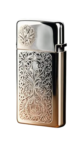 Metallic lighter, silver body, detailed engravings, flip-top design, shiny surface, soft reflections, realistic texture, morning light, close-up shot, shallow depth of field, warm color tone, cinemati