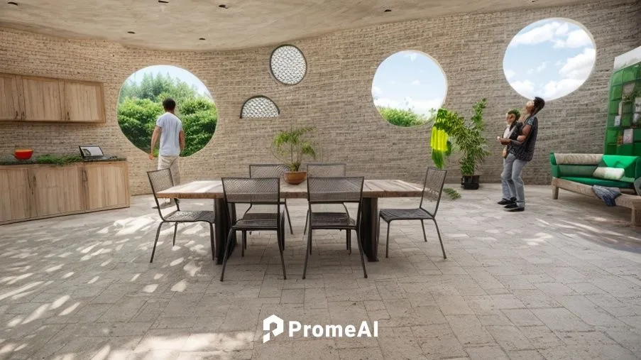 uses reinforced cement and brick materials, green environment with trees, clear sky,concrete ceiling,caravanserai,patio,patio furniture,breakfast room,outdoor table and chairs,roof terrace,outdoor tab