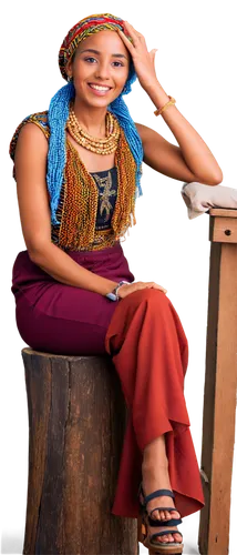 Traditional Ethiopian clothing, colorful woven fabrics, African woman, bright smile, dark skin, braided hair, golden jewelry, vibrant headscarf, earthy tones, natural makeup, relaxed posture, sitting 