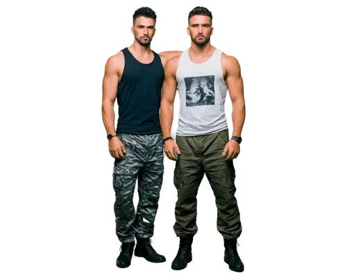 Muscular man, tank top, ripped arms, broad chest, strong shoulders, serious facial expression, short spiky hair, piercing gaze, bold eyebrows, prominent jawline, silver dog tags, camouflage pants, com