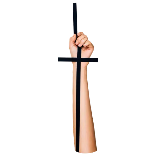 Simple cross tattoo, outline only, black ink, bold lines, symmetrical design, small size, on wrist, forearm, or ankle, minimalist style, subtle shading, soft lighting, close-up shot, 1/2 composition, 