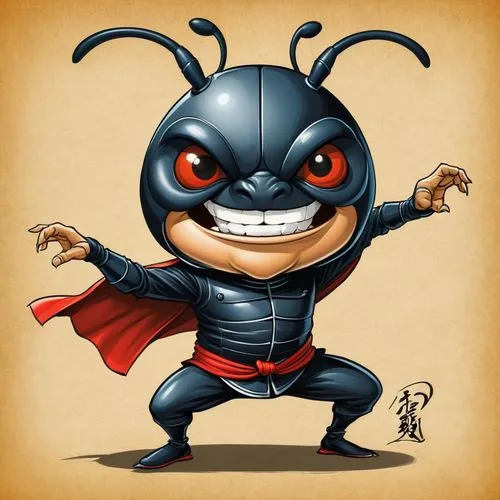 petit scarabé kung fu,a little red - eyed villain in an iron suit,antman,gantman,cutman,wolverine,cute cartoon character,redback,xiaolin,buttman,black ant,stutman,skotnikov,cartoon character,bat smile