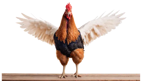 farm chicken, solo, standing, (1yo), fluffy feathers, brown beak, red comb, wings spread wide, rustic farm setting, morning sunlight, shallow depth of field, warm color tone, cinematic lighting.,redco