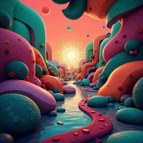 mushroom landscape,futuristic landscape,alien world,kaleidoscape,alien planet,virtual landscape,3d fantasy,acid lake,lagoon,fantasy landscape,lowpoly,world digital painting,lunar landscape,desert,lava river,erosion,cinema 4d,coral reef,environments,extrasolar