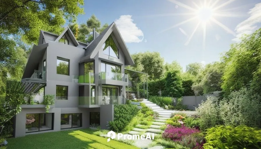 gray house and green garden. afternoon sunlight. good looking, high resoulution,3d rendering,garden elevation,eco-construction,danish house,åkirkeby,exzenterhaus,bendemeer estates,stuttgart asemwald,g