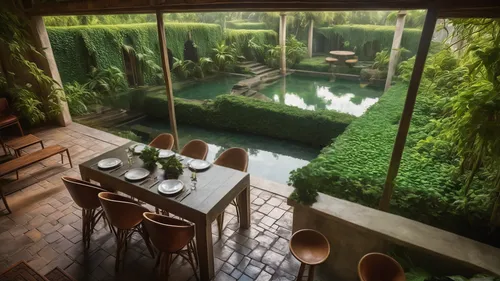 stone garden with ways down and up,breakfast room,bamboo curtain,tree house hotel,ubud,landscape designers sydney,japanese-style room,green living,bamboo plants,beautiful home,greenery,landscape desig