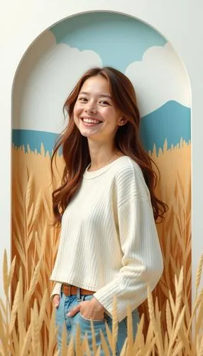 "A young woman with long, wavy brown hair smiles joyfully while standing in a field of tall grass. She is wearing a light, textured white long-sleeve top, creating a casual and serene look. The backgr