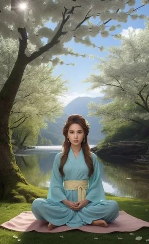 guqin,japanese sakura background,hanfu,meditatively,diaochan,tea zen,Photography,General,Realistic