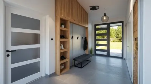 Use the materials of the base picture, just add more light to the interior. It is an entrance. White pendant lamps. The entrance door is antracit, the door at the left to the garage, is white. Ther ar