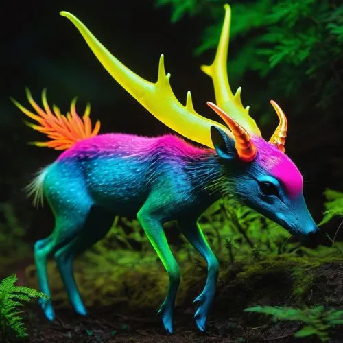 forest dragon,cynorhodon,rainbow unicorn,rainbow rabbit,stegosaurus,terrestrial animal,goat-antelope,unicorn,weedy seadragon,uintatherium,color rat,auroraboralis,painted dragon,glowing antlers,trioceros,loukaniko,muroidea,unicorn art,neon body painting,holacanthus,Conceptual Art,Fantasy,Fantasy 05