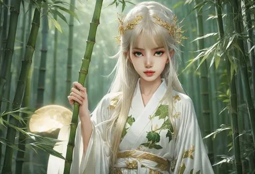 oriental princess,bamboo flute,oriental girl,fantasy portrait,baozi,fantasy picture,junshan yinzhen,bamboo,dragon li,oriental painting,lemongrass,oriental,chinese art,white blossom,sacred lotus,geisha,bamboo forest,hwachae,lily of the desert,lily of the valley,Photography,Natural
