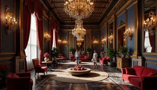 Opulent baroque architecture, richly ornate details, grandiose chandeliers, lavish furnishings, velvety dark reds, regal blues, gilded accents, intricate marble patterns, heavy drapery, luxurious fabr