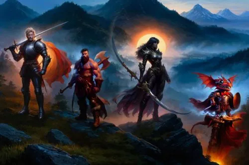 Foggy Sunrise 1986 painting,four fantasy creatures in a fantasy landscape with a river and cityscape behind them,dragonlance,malazan,guards of the canyon,mordenkainen,eberron,heroic fantasy