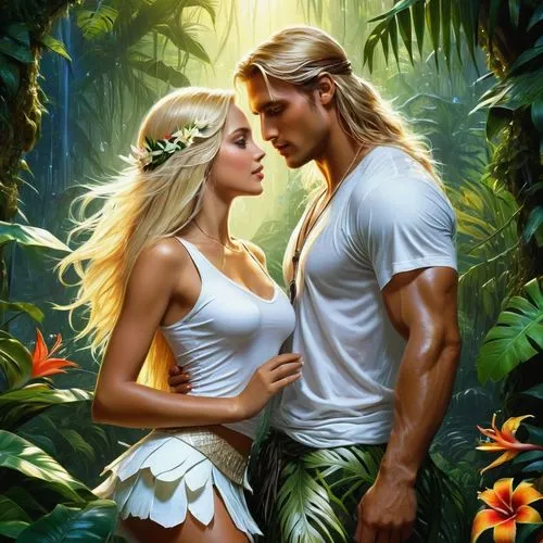 tropical island, young beautiful girl, beautiful expressive eyes, beautiful long blond hair, happy, white top, white short skirt, jungle, opposite stands Tarzan in a dark animal skin, handsome young m