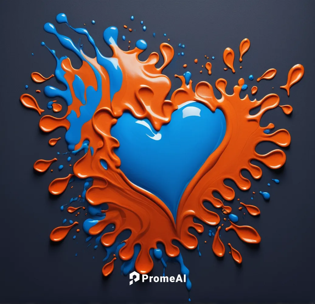 A big splash of blue paint shaped like a heart in the center.  
Fishes made of orange paint swim away from the center.
Dark background. ,heart clipart,heart icon,heart background,blue heart,colorful h