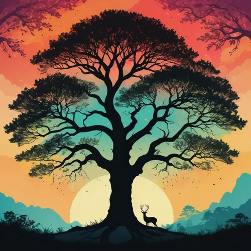 tree silhouette,old tree silhouette,colorful tree of life,tree of life,silhouette art,flourishing tree,lone tree,animal silhouettes,isolated tree,painted tree,watercolor tree,magic tree,deer silhouette,forest tree,a tree,tree,the branches of the tree,silhouette,celtic tree,circle around tree,Conceptual Art,Fantasy,Fantasy 32