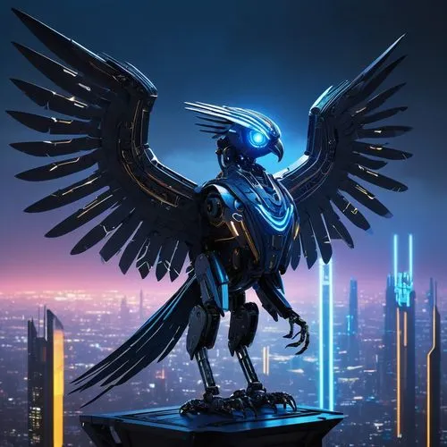 Harpy AI, futuristic, robot, wings, sharp metal edges, glowing blue circuits, intricate mechanical details, high-tech laboratory, neon lights, dark shadows, sleek metallic body, sharp talons, advanced