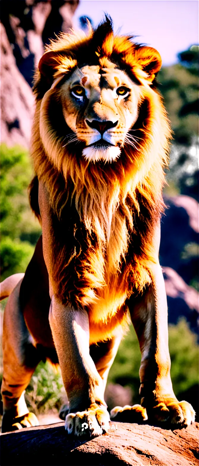 African savannah, majestic lion, muscular body, golden fur, regal mane, piercing eyes, sharp claws, standing on rock, afternoon sunlight, warm color tone, shallow depth of field, cinematic lighting, 3