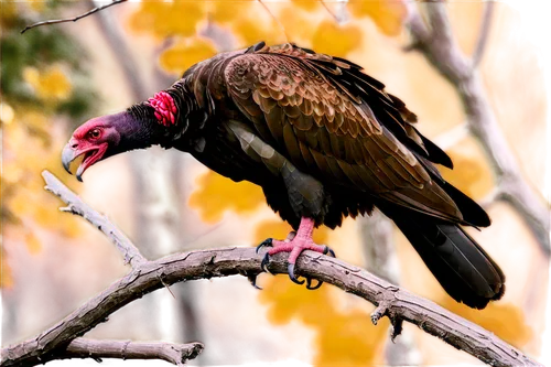 Turkey vulture, majestic bird, sharp talons, strong wings, feathers brown and white, hooked beak, intense gaze, perched on branch, afternoon sunlight, warm color tone, shallow depth of field, cinemati