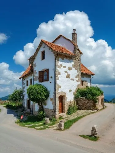 A historical and very beautiful stone house inside the village with white clouds that are visible behind the house,a very old looking brick house by a small hill,traditional house,stone house,stone ho