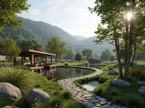 render,3d rendering,golf resort,japanese zen garden,oberland,landscaped,zen garden,3d render,kleinbahn,cryengine,3d rendered,sansar,nature garden,streamwood,alpine village,home landscape,summer cottage,japanese garden,resort,riverwood