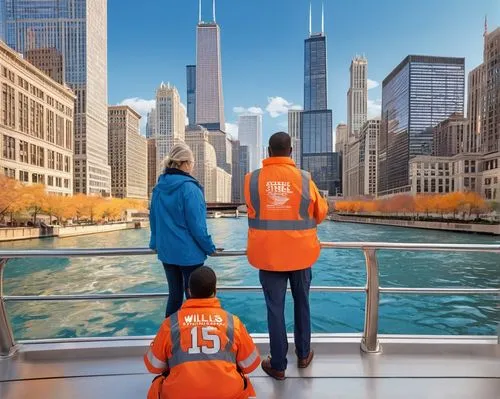 Chicago Riverwalk, daytime, sunny weather, clear blue sky, modern skyscrapers, Willis Tower, glass and steel reflections, boat tour, river cruise, people taking photos, smiling tourists, bright orange