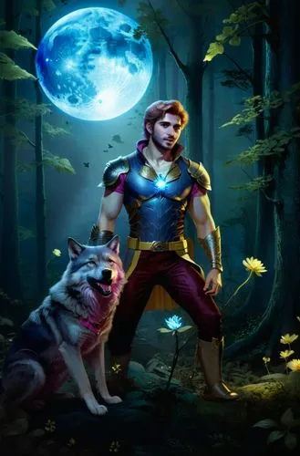 In a dark forest under a full moon. The ground is covered with hundreds of pink and yellow glowing ethereal flowers. A very attractive and handsome young man is shown a rare blue glowing flower that h