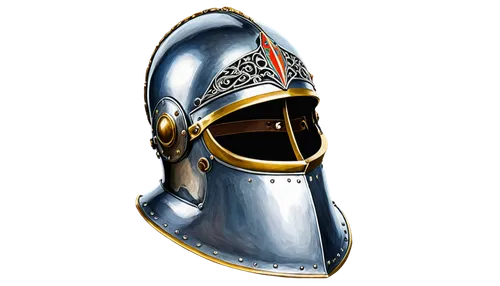 Medieval knight helmet, Camagli, silver metal, intricate engravings, golden accents, curved shape, pointed top, face mask, chin strap, worn leather padding, ornate crest, battle-worn, heroic pose, dra