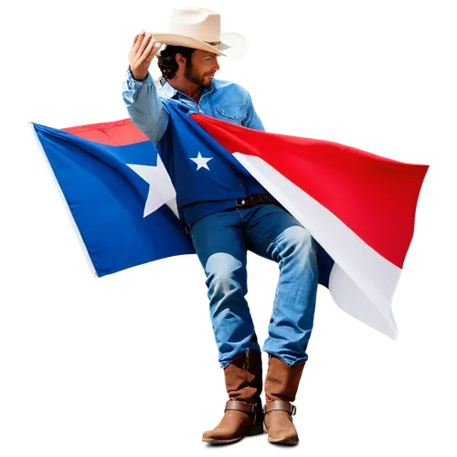 Texas state flag, waving in wind, bold red and blue stripes, white star in center, cowboy hat, rugged denim jeans, leather belt buckle, pointed boots, sunny day, bright blue sky, panoramic view, drama