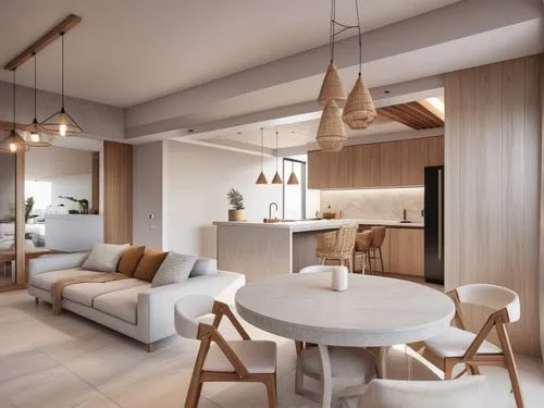 un departamento de 60m2 en sala, comedor y cocina, estilo japandi y wabisabi, ubicado frente al mar en la riviera maya, muebles en colores claros (grises, blancos, ocre), utilización de la madera en p