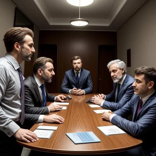 create a meeting table with several high-ranking directors with suits lined up, they all look like rats and are in a very modern, aseptic room, their hands are also hairy and look like paws, their fac