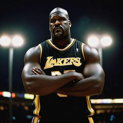 Shaquille O'Neal, NBA legend, standing, confident posture, muscular arms crossed, wearing a black jersey with gold numbering, white sneakers, basketball court, stadium lights, evening atmosphere, low-