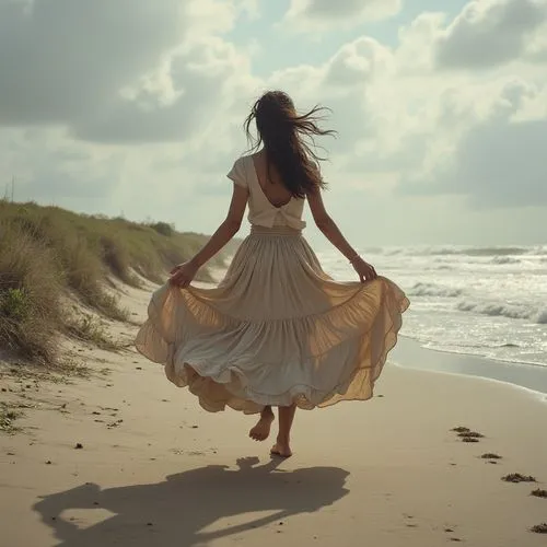 A woman encountered strong winds while walking and her skirt was lifted up by the strong winds,,a woman walking on the beach in a long dress,girl on the dune,walk on the beach,gracefulness,girl in a l