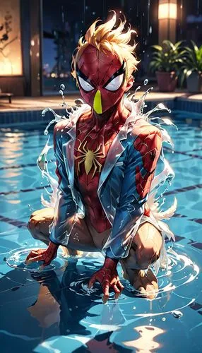 jumping into the pool,splashing,the suit,pool,splash,swim,spider-man,swimming pool,water fight,swimming,splashing around,pool cleaning,dead pool,taking a bath,water splash,spiderman,swimmer,suit,pool water,water bath,Anime,Anime,Realistic