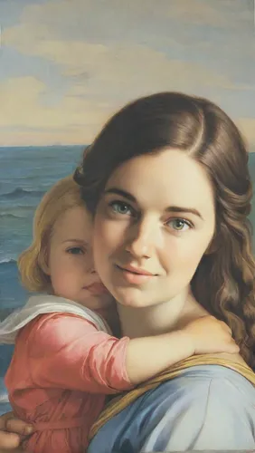 Portrait of a woman with a small blonde daughter in her arms in the style of Raphael Santi.,christ child,girl with a dolphin,mother with child,church painting,child portrait,jesus child,oil on canvas,