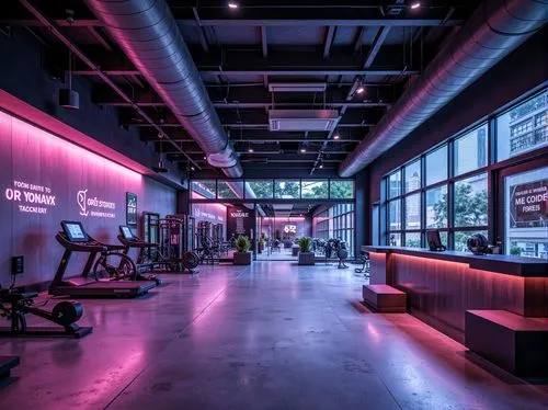 Modern fitness club interior, high-tech equipment, sleek metal frames, neon-lit walls, polished concrete floors, mirrored ceilings, futuristic lighting systems, virtual reality workout zones, interact