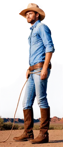 Western cowboy, rugged facial features, messy brown hair, worn leather boots, faded denim jeans, white shirt with rolled-up sleeves, wide-brimmed hat, lasso rope coiled at waist, standing with one leg