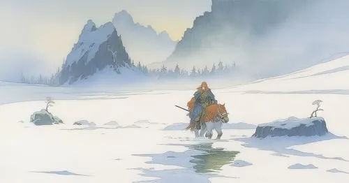 the drawing shows a person with a spear riding on a horse,epona,icewind,skijoring,sleigh ride,dawnstar,mountain spirit,mushing,whitehorse,the spirit of the mountains,wander,icebound,the wanderer,fingo