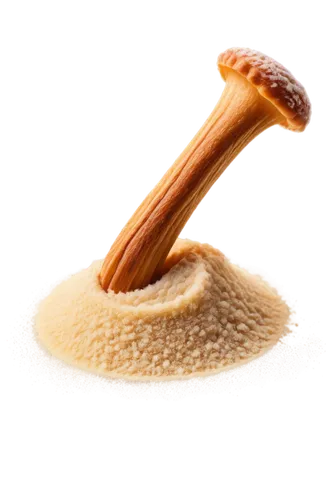 Fluffy horn-shaped pastry powder, white background, macro shot, soft focus, warm lighting, shallow depth of field, delicate texture, powdery composition, gentle pouring motion, cinnamon or sugar parti