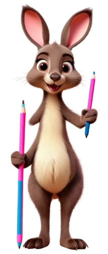 Cute kangaroo, cartoon style, white belly, soft fluffy fur, big round ears, bright curious eyes, pink nose, standing on hind legs, front paws holding a pencil, doodling on paper, colorful scribbles, p