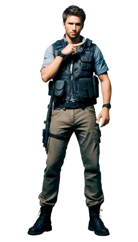 Free Fire character, young adult, male, serious expression, short spiky hair, scar above left eyebrow, black tactical vest, gray shirt, camouflage pants, combat boots, AK-47 rifle, standing, heroic po