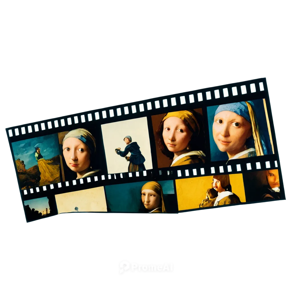 Film strip, horizontal layout, multiple frames, black borders, glossy finish, colorful scenes, cinematic shots, action poses, dynamic lighting, shallow depth of field, 3/4 composition, nostalgic tone,