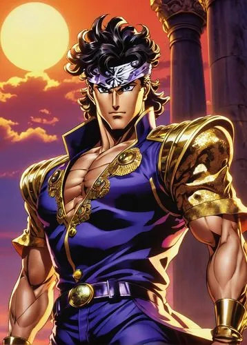 Jojo Bizarre Adventure, Stand, heroic pose, dramatic lighting, bold lines, vibrant colors, intricate details, dynamic composition, Jotaro Kujo, Star Platinum, Jonathan Joestar, Dio Brando, cool and co