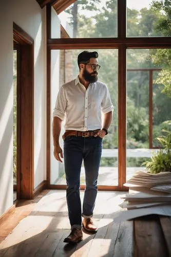 male, architect, 30s, black hair, glasses, beard, white shirt, rolled-up sleeves, dark jeans, leather belt, brown shoes, holding blueprints, standing, modern villa, large windows, minimalist interior,