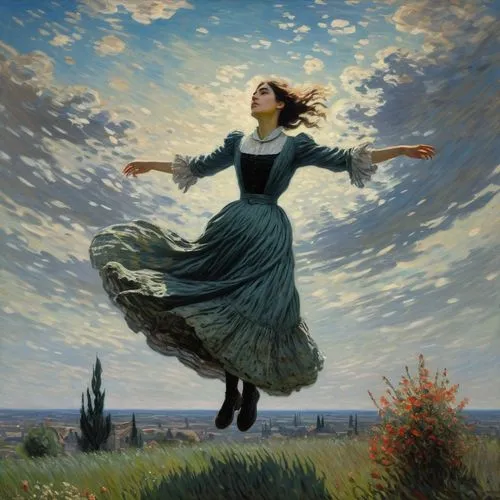 little girl in wind,leap for joy,flying girl,gracefulness,whirling,flying dandelions,flying seed,woman playing,leaping,leap,levitation,flying seeds,girl in a long dress,throwing leaves,arms outstretched,flamenco,winds,levitating,girl lying on the grass,ecstatic,Art,Artistic Painting,Artistic Painting 04